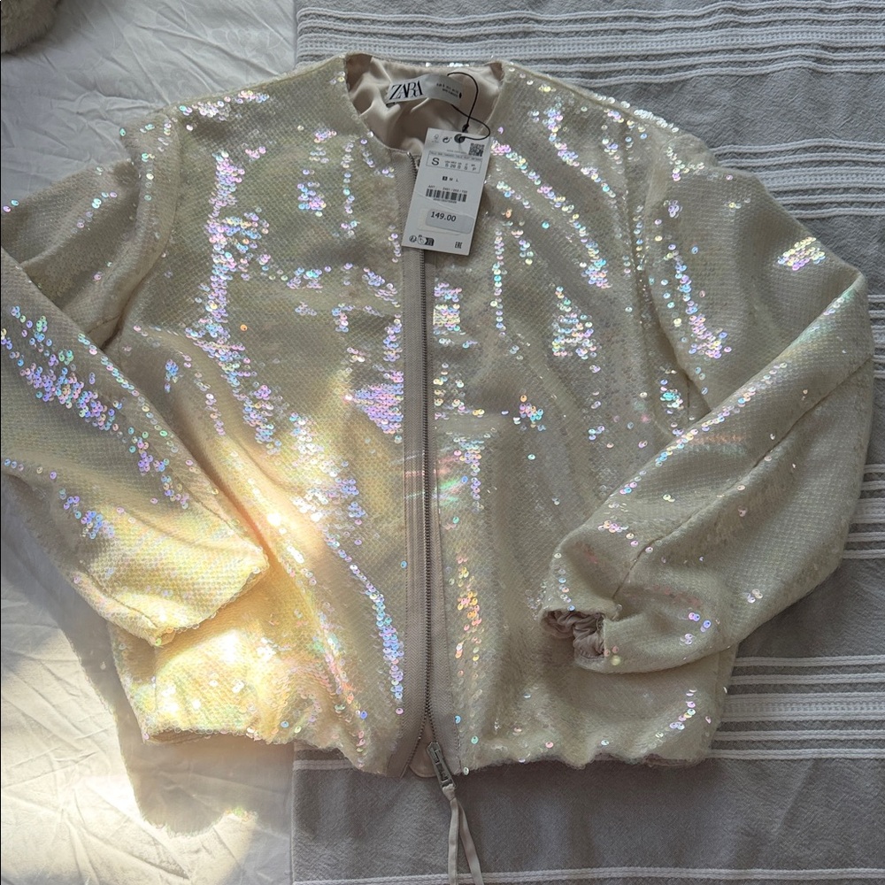 Zara Iridescent Sequin Bomber Jacket